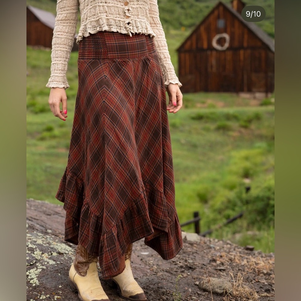 NATURAL LIFE Brown & Red Plaid Tiered Maxi Skirt